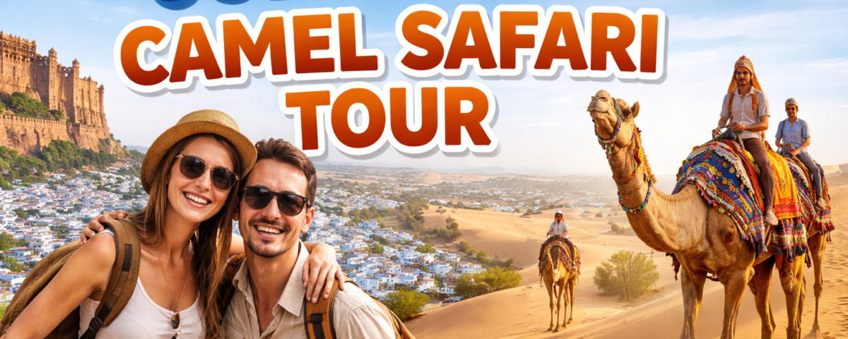 Camel ride on golden sand dunes with Rajasthan village life in background