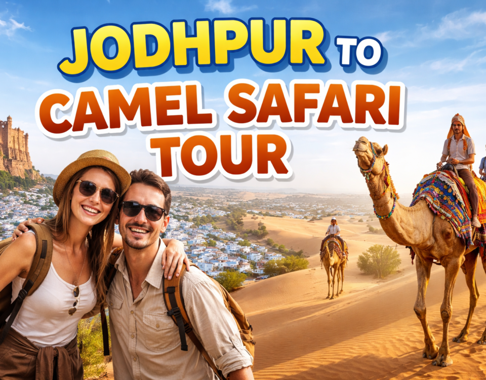 Camel ride on golden sand dunes with Rajasthan village life in background