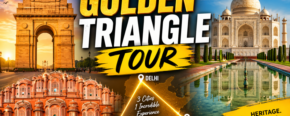 Travelers exploring Taj Mahal, Jaipur forts, and Delhi landmarks on Golden Triangle Tour India