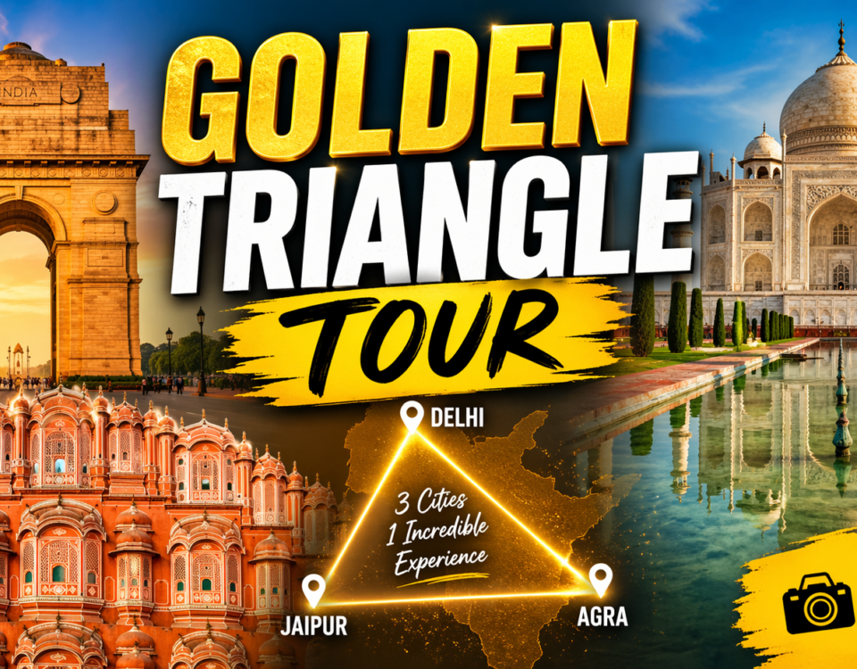 Travelers exploring Taj Mahal, Jaipur forts, and Delhi landmarks on Golden Triangle Tour India